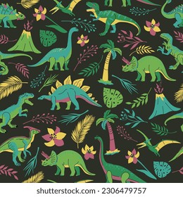 Seamless pattern with bright dinosaurs and green plants including T-rex, Brontosaurus, Triceratops, Velociraptor, Pteranodon, Allosaurus, etc. Isolated on dark background