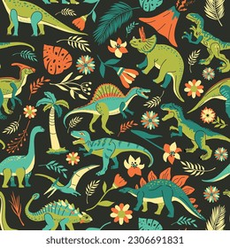 Seamless pattern with bright dinosaurs and green plants including T-rex, Brontosaurus, Triceratops, Velociraptor, Pteranodon, Allosaurus, etc. Isolated on dark background