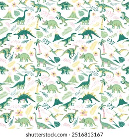 Seamless pattern with bright dinosaurs and green plants including T-rex, Brontosaurus, Triceratops, Velociraptor, Pteranodon, Allosaurus, etc. Isolated on white