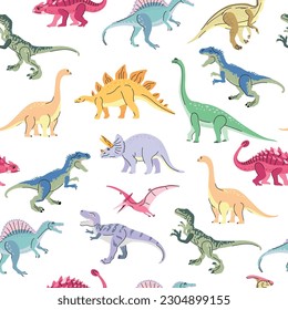 Seamless pattern with bright dinosaurs including T-rex, Brontosaurus, Triceratops, Velociraptor, Pteranodon, Allosaurus, etc. Isolated on white Trend illustration for kid