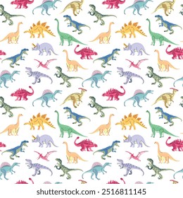 Nahtloses Muster mit hellen Dinosauriern wie T-Rex, Brontosaurus, Triceratops, Velociraptor, Pteranodon, Allosaurus usw. Einzeln auf weißer Trend-Illustration für Kind