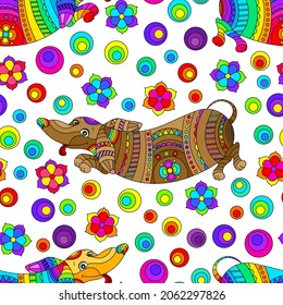 Patrón sin foco con perros brillantes Dachshund y flores con un estilo de vidrio manchado sobre fondo blanco