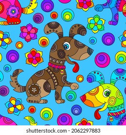 Patrón sin foco con perros brillantes y flores con un estilo de vidrio manchado sobre un fondo azul
