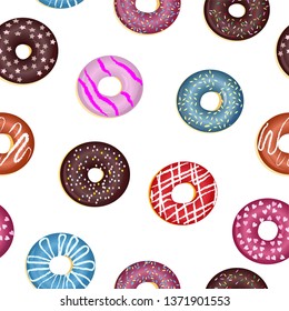 seamless pattern of bright donuts, with chocolate fudge for your design. Packaging, wallpaper, cafe menu.