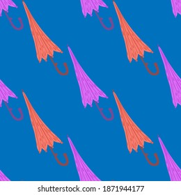 Seamless pattern with bright doodle pink and orange umbrells silhouettes. Blue background. Decorative backdrop for fabric design, textile print, wrapping, cover. Vector illustration.