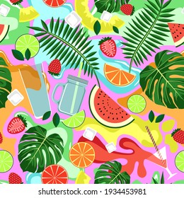 SEAMLESS PATTERN WITH BRIGHT DRINKS AND FRUITS ON A PURPLE BACKGROUND IN VECTOR