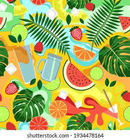 SEAMLESS PATTERN WITH BRIGHT DRINKS AND FRUITS ON A YELLOW BACKGROUND IN VECTOR