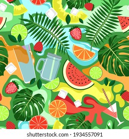 SEAMLESS PATTERN WITH BRIGHT DRINKS AND FRUITS ON A GREEN BACKGROUND IN VECTOR