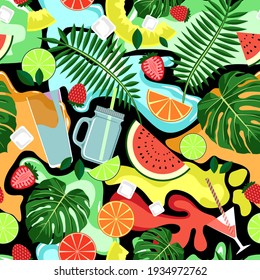 SEAMLESS PATTERN WITH BRIGHT DRINKS AND FRUITS ON A BLACK BACKGROUND IN VECTOR