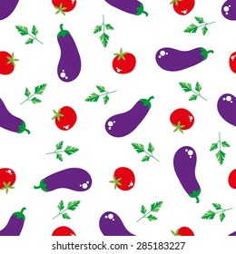 Seamless pattern with bright eggplant and tomatoes. Flat design for textiles, the menu of vegetarian food, farm products. vector