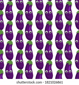 Patrón sin foco con berenjenas brillantes con ojos lindos sobre un fondo blanco. Impresión vegetal para ropa de cama y tejidos, papel de envoltura y papel pintado. Ilustración vectorial de existencias para la decoración	