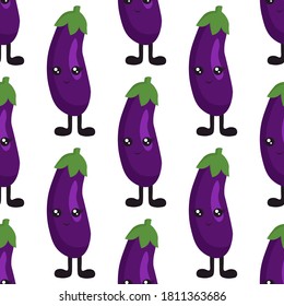 
Seamless pattern with bright eggplants with eyes and legs on a white background. Print for bed linen and fabrics, wrapping paper and wallpaper.
 Stock vector illustration for decoration and design.