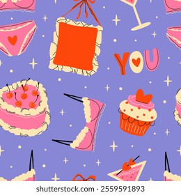 Seamless pattern with bright elements for Valentine's Day. A set with a bra and panties, cake, cupcake, text sticker, cocktail, pillow bag. A vibrant pattern for the holiday of love. Gift, textile