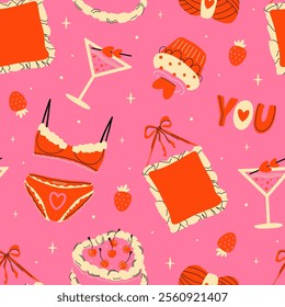 Seamless pattern with bright elements for Valentine's Day. A set with a bra and panties, cake, cupcake, strawberry, ball of yarn, bag, cocktail. A vibrant pattern for the holiday of love.Gift, textile