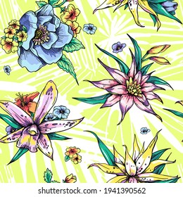 Seamless pattern with bright  exotic flowers. Beautiful  floral background. Summer textile print