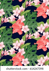 Seamless pattern with bright exotic tropical flowers and leaves. Great summer design for posters, bags, t-shirts and towels