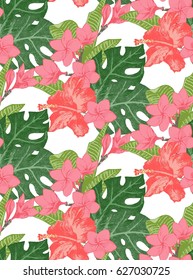 Seamless pattern with bright exotic tropical flowers and leaves. Great summer design for posters, bags, t-shirts and towels