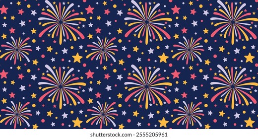 Seamless pattern with bright fireworks in the dark sky. Flat colorful festive background 