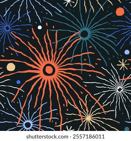 Seamless pattern with bright fireworks on a dark background. Pattern on a dark background for festive packaging. Bright sparks of fireworks for fabric design. Flat vector illustration.