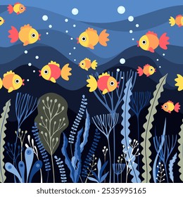 Seamless pattern with bright fish swim in sea with seaweeds