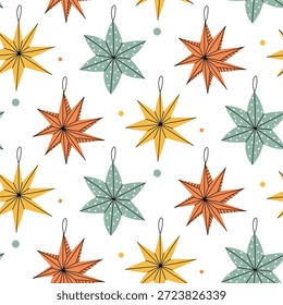 Patrón sin fisuras con decoraciones de Navidad planas brillantes en estilo retro estrellas coloridas con puntos. Antiguas textura de vacaciones para el papel de embalaje de invierno, impresiones textiles, Fondo de pantalla o Diseño gráfico de vacaciones