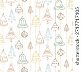 A seamless pattern with bright, flat, contoured Christmas bells hanging from a rope. A festive design with decorative wrapping paper ornaments, seasonal textile prints, or holiday backgrounds.
