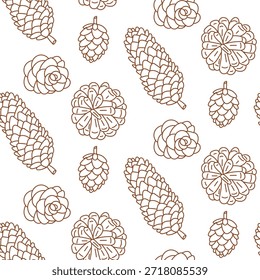 Seamless pattern with bright flat contoured pine and cedar cones in orange, beige shades. Botanical forest design for autumn wrapping paper, seasonal textile prints or cozy for winter holidays