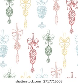 Padrão sem costura com contorno plano brilhante pinhas pinhas de pinho de Natal pingentes com arcos, enfeites de árvore de Natal e desenhos. Design de férias para papel de embrulho, estampas têxteis sazonais ou férias
