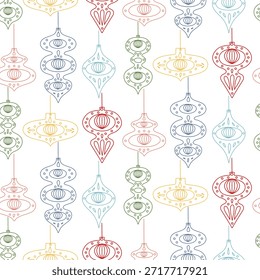 Seamless pattern with bright flat outline vintage Christmas decorations and paper toys with a fluffy circle. Holiday design with retro wrapping paper pendants, seasonal textile prints, or backgrounds