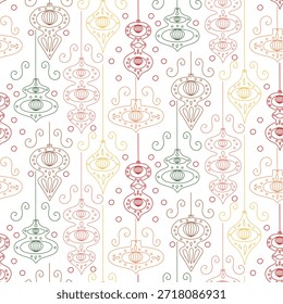 Padrão contínuo com contornos planos brilhantes, decorações de Natal vintage em forma de brinquedos de papel com motivos pintados. Design festivo usando pingentes de papel de embrulho retro-estilo, estampas têxteis sazonais