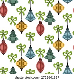 Modelo inconsútil con las decoraciones planas brillantes de la Navidad del papel, ornamentos hechos a mano del árbol de navidad con los arcos. Papel de envoltura de invierno de textura Festiva, impresiones textiles, Fondo de pantalla, Diseño gráfico de temporada