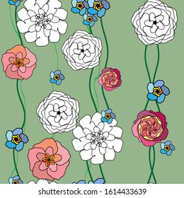 Seamless pattern with bright floral blossoms on a soft green background.Floral illustration with red, pink, white, flowers. Vector