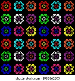 Seamless pattern with a bright floral pattern on a dark background in retro style