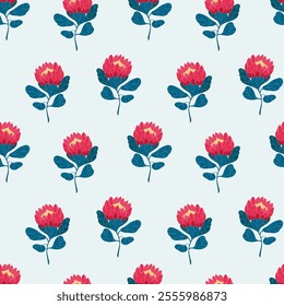 Seamless pattern with a bright flower on a pastel blue background. Vector illustration with decorative plant. Hand drawn protea flower.