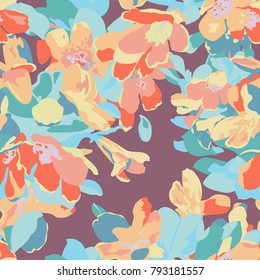 Seamless pattern of bright flower on dark violet background, flat style