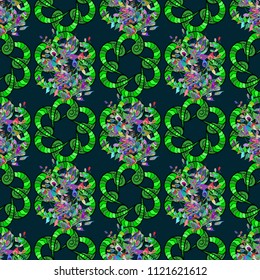 Seamless pattern with bright flowering carpet of plants on a black, white and neutral colors.