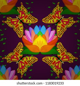 Seamless pattern with bright flowering carpet of plants on a purple, yellow and orange colors.