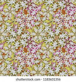 Seamless pattern with bright flowering carpet of plants on a white, black and yellow colors.