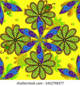Seamless pattern with bright flowering carpet of plants on a brown, green and yellow colors.