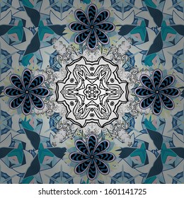 Seamless pattern with bright flowering carpet of plants on a white, neutral and blue colors.