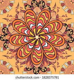 Seamless pattern with bright flowering carpet of plants on a beige, orange and black colors.