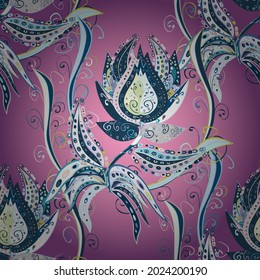 Seamless pattern with bright flowering carpet of plants on a blue, pink and neutral colors.