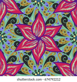 Seamless pattern with bright flowering carpet of plants on a colorful background.