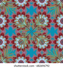 Seamless pattern with bright flowering carpet of plants on a colored background.