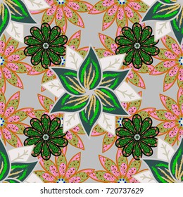 Seamless pattern with bright flowering carpet of plants on a neutral, green and orange colors.