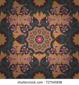 Seamless pattern with bright flowering carpet of plants on a brown, pink and yellow colors.