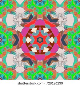 Seamless pattern with bright flowering carpet of plants on a green, neutral and blue colors.