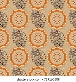 Seamless pattern with bright flowering carpet of plants on a beige, orange and brown colors.