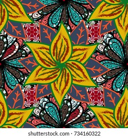 Seamless pattern with bright flowering carpet of plants on a blue, yellow and black colors.