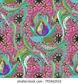 Seamless pattern with bright flowering carpet of plants on a pink, green and neutral colors.